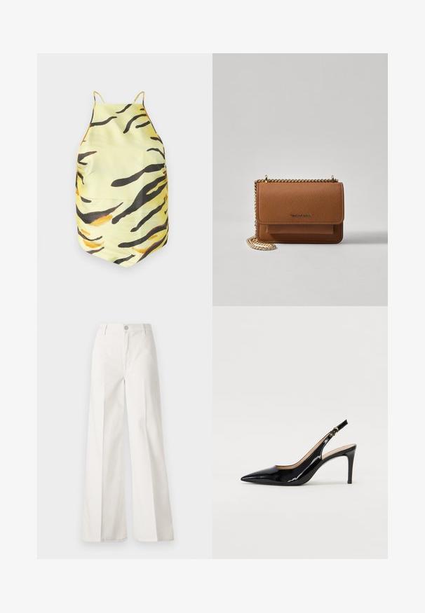 Yellow fabric top with a tiger stripe pattern in black and orange, featuring thin straps and a fitted design. Smooth texture, no visible hardware.; White wide-leg trousers made from cotton with a smooth texture. Features a front button, zipper fly, and four-pocket design.; Black patent leather slingback pump with pointed toe, slim heel, and a subtle cutout design. Features a gold buckle on the strap.; Brown textured leather crossbody bag with gold chain strap and flap closure. Front features logo detail and a pocket under the flap.