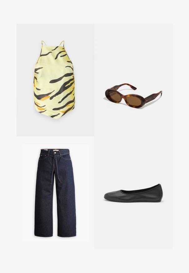 Top in tessuto giallo con motivo a strisce di tigre in nero e arancione, dotato di spalline sottili e design aderente. Tessuto liscio, senza hardware visibile.; Jeans in denim scuro a gamba larga con vita alta, dotati di un laccio, cinque tasche e dettagli di cucitura a contrasto.; Pantofole da balletto nere in pelle con punta arrotondata, texture liscia, dettagli di cucitura minimi e design con suola flessibile.; Occhiali da sole tartaruga con lenti ovali, tonalità marrone e accenti dorati sulle aste. Montatura spessa con una finitura lucida e una texture liscia.