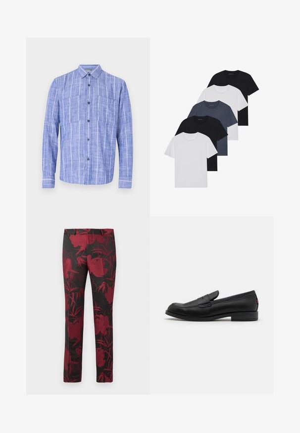 Camisa de manga longa azul com riscas, feita de um tecido leve, com fecho à frente por botões, duas bolsas no peito e um design de colarinho clássico.; Conjunto de cinco t-shirts em preto, branco e azul marinho. Tecido de algodão, mangas curtas, design de gola redonda e textura lisa sem padrões.; Calças pretas com um padrão floral em vermelho escuro, com uma textura suave e um ajuste bem definido. Cintura padrão e design de perna reta.; Mocassim de couro preto com um acabamento suave, bico arredondado e uma pequena aba decorativa. Apresenta um salto baixo em camadas e um detalhe de branding discreto.
