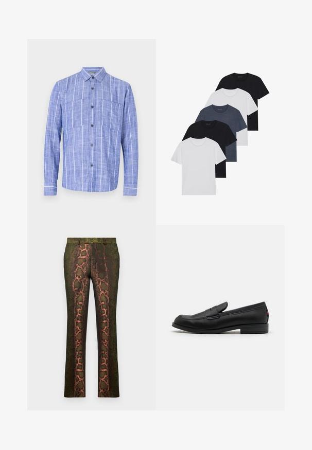 Sininen raidallinen pitkähihainen paita, joka on valmistettu kevyestä kankaasta, jossa on napillinen etuosa, kaksi rintataskua ja klassinen kaulusmuotoilu.; Viisi t-paitaa mustana, valkoisena ja tummansinisena. Puuvillakankainen, lyhyet hihat, pyöreä kaula-aukko ja yksinkertainen pinta ilman kuvioita.; Vihreät kuvioidut housut, joissa on käärmeennahkakuosiset ruskean ja oranssin sävyt, suorat lahkeet ja sileä pinta.; Mustat nahkaloafersit, joissa on sileä pinta, pyöreä kärki ja pieni koristeellinen läppä. Varustettu matalalla pinotulla korolla ja huomaamattomalla brändityksellä.