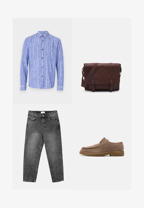 Camicia a maniche lunghe blu a righe, realizzata in tessuto leggero, con chiusura a bottone frontale, due tasche sul petto e un design del colletto classico.; Jeans neri con lavaggio, a gamba dritta, con tasche frontali e posteriori, passanti per cintura e chiusura a bottone in vita.; Zign LEATHER - Stringate sportive - taupe; Borsa a tracolla in pelle marrone con un davanti piatto, due cinghie, dettagli in metallo dorato e una tracolla regolabile.