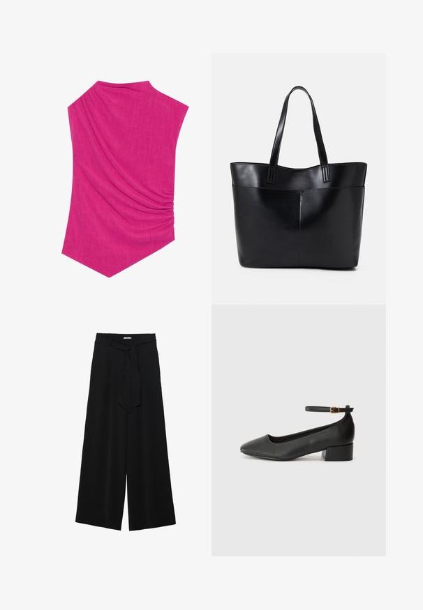 Fuksijas krāsas bez piedurknēm blūze ar stiklveida tekstūru, kurai ir unikāla asimetriska forma un savilkta detaļa vienā pusē.; Melni platleņķa bikses ar teksturētu audumu, elastīgu jostu un noņemamu siksnu viduklī, kas nodrošina regulējamu piegulšanu.; Melnas ādas sūkņi ar smailu purngalu un zemu bloku papēdi. Iezīmēts ar potītes siksniņu ar zelta krāsas sprādzi. Gluda tekstūra.; Melnas ādas iepirkumu soma ar divām garām rokturām, gludu tekstūru un strukturētu formu. Iekļauj priekšējo kabatu papildu uzglabāšanai.