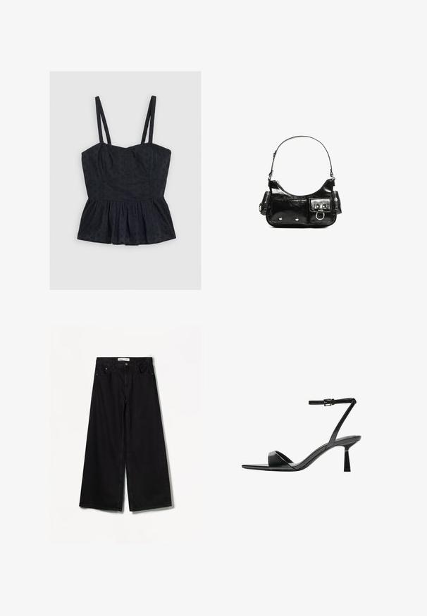 Top peplum nero senza maniche con spalline sottili, caratterizzato da un motivo floreale strutturato, un corpino rigido, tessuto morbido e orlo svasato.; Bershka WIDE-LEG - Wide Leg - black; Bershka Sandali con tacco - black; Borsa a spalla in vernice nera con forma curvata, una tracolla, tasche frontali e dettagli in metallo argentato.