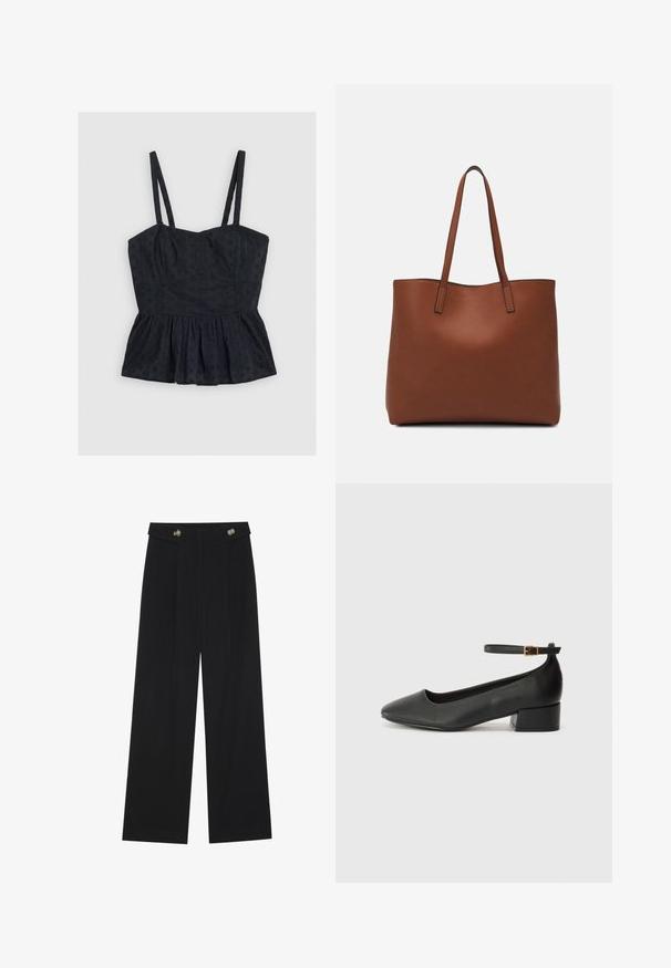 Črn brezrokavnik peplum top z tankimi naramnicami, ki ima teksturiran cvetlični vzorec in strukturiran korzet, mehak material in razširjen rob.; Črne široke hlače s visokim pasom, gumbnimi detajli na pasu in sprednjimi gubami.; Črne usnjene pumpice z nazobčanimi prsti in nizko blokasto peto. Imajo trak okoli gležnja z zaponko v zlatem tonu. Gladka tekstura.; Rjava usnjena torba z gladko teksturo, odprto zasnovo zgoraj in dvema naramnima trakovoma. Opremljena je z minimalnim šivanjem in brez vidnih kovinskih delov.