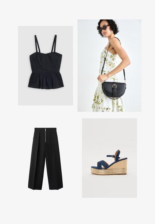 Schwarzes, ärmelloses Peplum-Top mit dünnen Trägern, das ein strukturiertes Blumenmuster und ein tailliertes Oberteil aufweist, aus weichem Stoff und mit fließendem Saum.; Schwarze weit geschnittene Hose mit vorderen Falten und einem sichtbaren silbernen Reißverschlussverschluss an der Taille, flacher Front und seitlichen Taschen.; Marineblaue Keil-Sandale mit überkreuzten Riemen, einer strukturierten Plattform aus Naturfasern und einem goldenen Metallakzent an der Basis.; Schwarze Lederhandtasche mit geschwungener Form, abnehmbarem Tragegurt und goldenen Beschlägen. Die Tasche verfügt über einen Deckel mit einer Schnallen-Details.