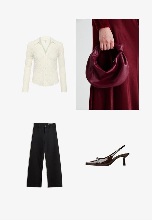 Blusa in pizzo bianco sporco con bottoni, caratterizzata da un colletto, maniche lunghe, motivo testurizzato e orlo scallop.; Pantaloni in denim neri a gamba larga con vita alta, dotati di tasche anteriori e posteriori, cuciture a punto, e chiusura con bottone. Texture liscia.; Scarpa slingback in pelle verniciata marrone con punta appuntita, tacco basso e un accentuato fiocco decorativo nella parte anteriore. Texture liscia e lucente.; Borsa in pelle bordeaux con un design morbido e arricciato e una forma arrotondata. Il manico è fissato, mostrando una texture liscia.