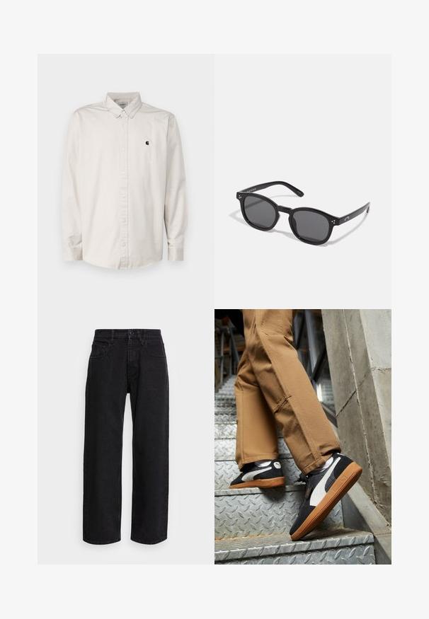 Carhartt WIP MADISON - Cămașă - beige; Pantaloni negri din denim cu croi larg, cu talie înaltă, având cinci buzunare și închidere cu nasture. Materialul are o textură netedă și o ușoară elasticitate.; Adidași din suede negri și gri cu accente albe și tălpi din cauciuc caramel, purtați pe pantaloni bej în timp ce urcă scări metalice.; Ochelari de soare ovali negri cu lentile închise, rame groase și accente cu puncte argintii pe părțile laterale. Material plastic neted, design contemporan.