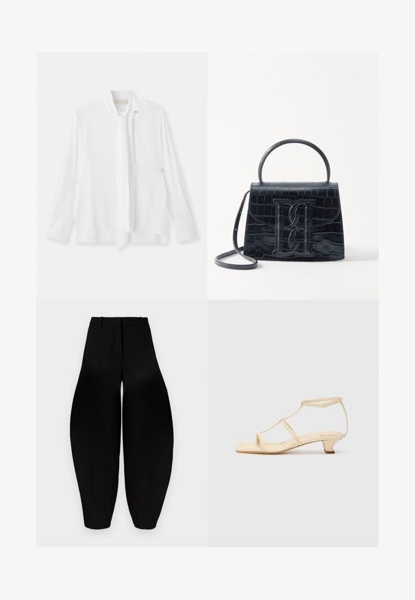 Vanessa Bruno ESTEBAN - Bluse - ecru; Sorte vidde bukser med høj talje, plisseret front og smalnende ankler. Fremstillet af glat stof med mat overflade.; Beige hælede sandaler med T-stropdesign, firkantet tå, justerbar ankelrem og lav blokhæl. Glat lædermateriale.; Sort krokodillede læderhandbag med en struktureret design, top-håndtag, justerbar rem og et fremtrædende frontlogo.