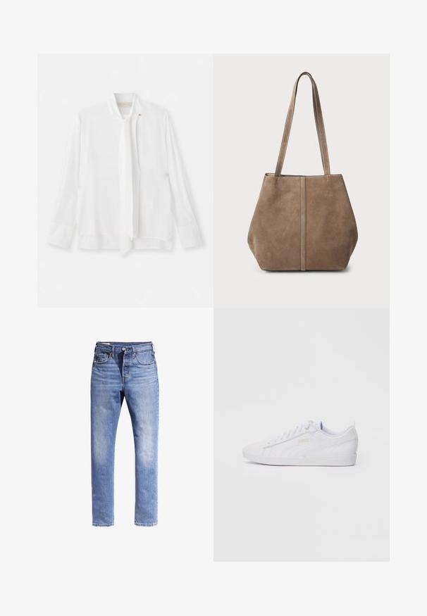 Vanessa Bruno ESTEBAN - Pusero - ecru; Vaaleansiniset farkut, joissa on suora lahje, viisi taskua ja kontrastivärinen ompelu. Kangas näyttää hieman kuluneelta.; Valkoinen matalakorkoinen Puma-tenniskenkä, jossa on nyöritys edessä, hienovarainen brändäys sivuilla ja pohjassa, sekä sileä synteettinen päällinen rentoon käyttöön.; Ruskea samettinen kantokassi, jossa on kaksi pitkää kahvaa, pystysaumayksityiskohta edessä ja pehmeä tekstuuri. Tilava muotoilu, joka soveltuu päivittäiseen käyttöön.