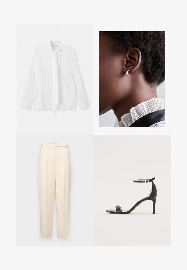 Vanessa Bruno ESTEBAN - Pluus - ecru; Beežid kohandatud püksid otse lõikega, ees volditud, siledast tekstuurist ja keskmise kõrgusega vöökoht. Nähtavaid taskuid ei ole.; Must musta kõrgete kontsadega sandaal, millel on pahkluule kinnituv rihm. Omab sileda tekstuuri, avatud varbaosa ning õhukest kontsa. Kuldtooniline pandla detail.; Maria Black SAGENE TRAIL HUGGIE - Kõrvarõngad - silver-coloured