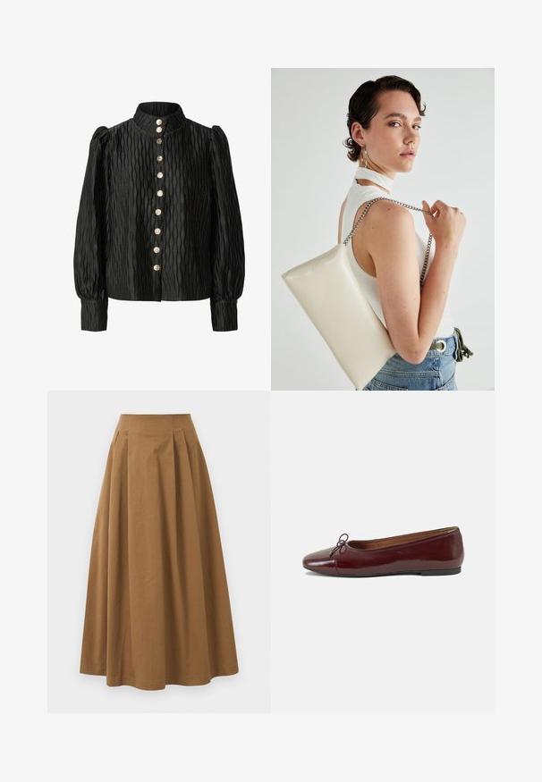 Blouse noire texturée avec un col haut, des manches ballons et un devant boutonné avec des boutons métalliques et un motif en vagues.; Jupe A-line en coton brun avec taille haute, dotée de plis sur le devant et d'une texture lisse. Les finitions de l'ourlet sont nettes et simples.; Ballerines en cuir verni bordeaux avec un bout rond, un petit nœud décoratif à l'avant et une semelle en caoutchouc noire basse. Texture lisse.; Pochette rectangulaire blanche en matériau brillant, avec une bandoulière en chaîne argentée. Le modèle pose en mettant en valeur le sac contre un fond uni.
