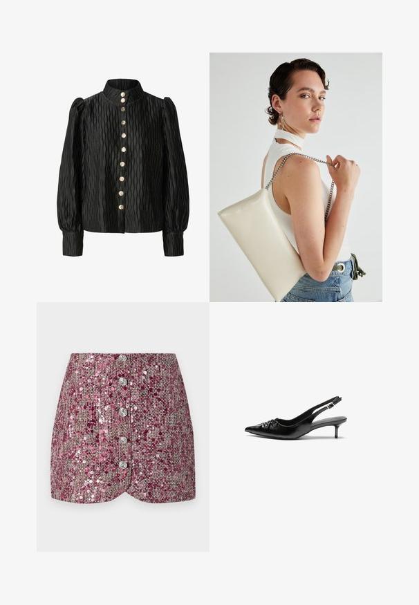 Schwarze, texturierte Bluse mit hohem Kragen, gepufften Ärmeln und einer geknöpften Vorderseite mit metallischen Knöpfen und einem Wellenmuster.; Rosa Paillettenrock mit strukturiertem Gewebe, mit körperbetontem Schnitt und fünf silbernen Knöpfen auf der Vorderseite. Formgesäumt mit schimmernden Akzenten.; Schwarze Leder-Slingback-Absätze mit einer spitzen Zehenform, kleinen Kitten-Absätzen und einem dekorativen Knoten-Detail auf der Vorderseite. Glatte Textur über die gesamte Fläche.; Weiße rechteckige Clutch aus glänzendem Material mit einem silbernen Kettenriemen. Das Model posiert und präsentiert die Tasche vor einem schlichten Hintergrund.