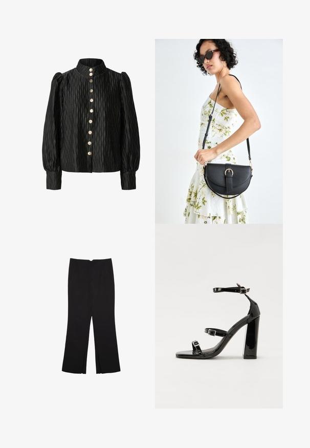 Čierna, textúrovaná blúzka s vysokým golierom, balónovými rukávmi a predným zapínaním na gombíky s metalickými gombíkmi a vlnitým vzorom.; Čierne nohavice so strihom rovného strihu, s prednými vreckami a bočnými rozparkami na leme. Vyrobené z mäkkej, hladkej tkaniny. Vhodné na rôzne príležitosti.; Čierne lakované sandále na podpätku so štvorcovou špičkou, navlečenými remienkami okolo členku a striebornými prackami. Disponujú masívnym blokovým podpätkom pre stabilitu.; Čierna kožená kabelka s zaobleným tvarom, odnímateľným popruhom a zlatými doplnkami. Kabelka má klopu s detailom s prackou.