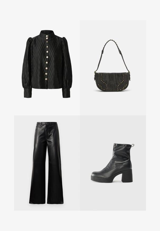 Melnā, teksturētā blūze ar augstu apkakli, puffētām piedurknēm un pogu priekšpusi, kurai ir metāliskas pogas un viļņu raksts.; Melnas augstās jostas platajās kājās sintētiskās ādas bikses ar priekšējo pogu, rāvējslēdzēju, jostas cilpām un sānu kabatām uz baltā fona.; Melni potītes zābaki, kas izgatavoti no gludas ādas, ar sānu rāvējslēdzēju, masīvu strukturētu papēdi un noapaļotu purngalu.; Melna zamša soma ar izliekumu, ar kniedēm un teksturētu virsmu. Regulējams siksna ar izšuvumiem gar maliņu.