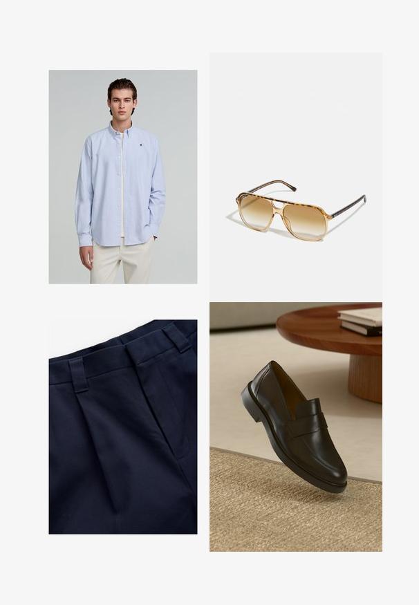 Lysblå og hvid stribet button-up skjorte med lange ærmer; har en krave og et lille broderet logo på brystet.; Marineblå plisserede bukser med en glat, struktureret stof. Har en flad talje og bæltestropper, designet til komfort og pasform.; Sorte læder loafers med en glat overflade, en rund tå og en dekorativ rem henover forsiden. Lav gummihæl, sat op mod en struktureret overflade.; Skildpaddefarvede solbriller med rektangulær ramme, brune gradientlinser og slanke sorte stænger med diskrete logodetaljer.; Sorte læderhandsker med en glat tekstur, slankt design og fremtrædende syninger langs fingrene, med en let afrundet spids på hver finger.