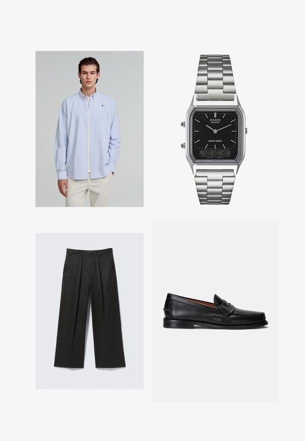 Lysblå og hvid stribet button-up skjorte med lange ærmer; har en krave og et lille broderet logo på brystet.; Sorte vide bukser med en glat tekstur, som har to frontlommer og en let forhøjet talje.; Sorte læderloafer med en glat finish, rundet tå og et dekorativt bånd over overdelen. Har en lav sort sål.; Sølv rustfrit stål kvartsur med en sort rektangulær urskive, der har analoge visere, digital skærm og vandtæt label.