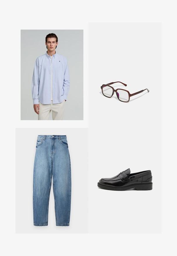 Hellblaue und weiße gestreifte Hemdbluse mit langen Ärmeln; verfügt über einen Kragen und ein kleines gesticktes Logo auf der Brust.; Hellblaue Jeans aus Denim mit einer lässigen Passform, fünf Taschen-Design und verblasster Textur. Der Bund ist mit einem Knopf- und Reißverschluss ausgestattet.; Schwarze Lederloafers mit glatter Oberfläche, abgerundetem Zehenbereich, niedrigem Absatz und dekorativer Naht entlang der Vorderseite. Gummisohle für guten Halt.; Braune, rechteckige Brille mit transparenten Gläsern und lila Tönungen. Glatter Kunststoffrahmen mit geraden Bügeln und dezenten Akzenten.