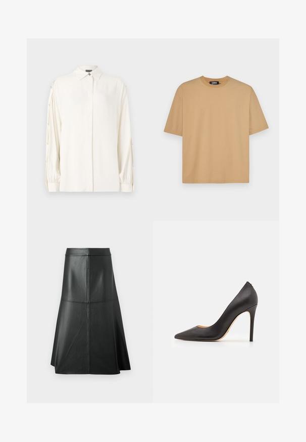 Witte blouse met lange mouwen, kraag, knoopsluiting aan de voorkant en geplooide manchetten. Bevat decoratieve knopen langs de mouwen. Glad textuur.; Beige katoenen t-shirt met een ronde halslijn, korte mouwen en een losse pasvorm. Glad textiel met stiksels langs de zoom en mouwen.; Zwarte leren A-lijn rok, met een gladde textuur, tot halverwege de kuit, met horizontale stikdetails in de taille en naden voor extra structuur.; Zwarte leren hoge hakken met een spitse neus en een gladde textuur, met een slanke hak en een minimalistisch ontwerp.