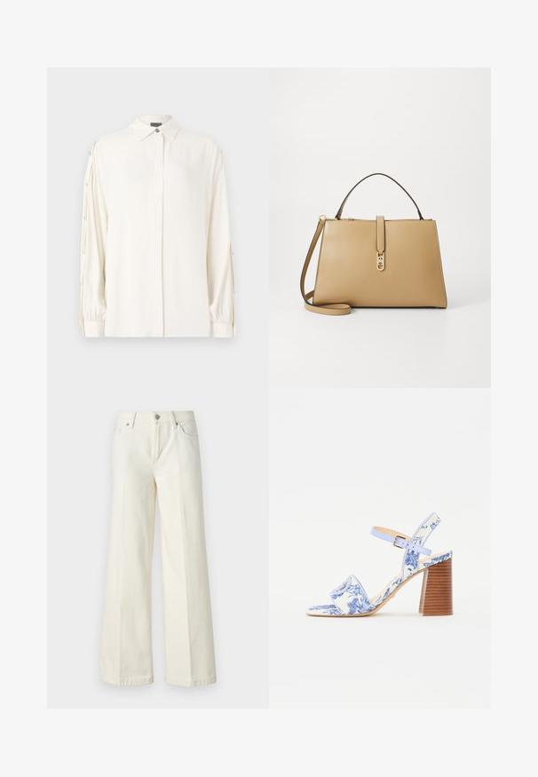 Blusa bianca a maniche lunghe con colletto, chiusura a bottoni e polsini arricciati. Presenta bottoni decorativi lungo le maniche. Tessuto liscio.; Jeans bianchi a gamba larga realizzati in tessuto misto cotone. Presentano una chiusura lampo, design a cinque tasche e cuciture lungo le cuciture.; Sandal con stampa floreale blu, con punta quadrata, una larga fascia e una cinghia alla caviglia regolabile, dotata di un tacco a blocco in legno texturizzato.; Tommy Hilfiger LIBRE SATCHEL - Borsa a mano - safari