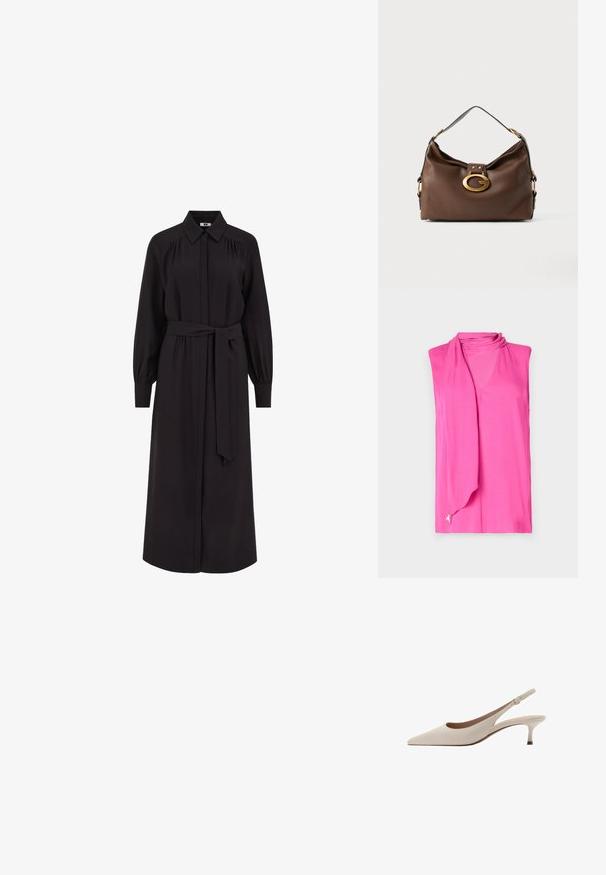 Top sans manches de couleur rose vif, avec un doux décolleté drapé et un subtil détail en ruban au niveau de l'ourlet. Fabriqué en tissu lisse et léger.; Robe noire longue avec un col, un devant boutonné, de longues manches bouffantes et une ceinture à nouer à la taille. Confectionnée en tissu doux.; Des escarpins slingback beiges avec un bout pointu et un talon évasé bas. Fabriqués en cuir lisse avec un design minimaliste et une sangle réglable.; Sac à main en cuir marron avec une finition texturée, doté d'une fermeture en métal doré et d'une seule anse arrondie.