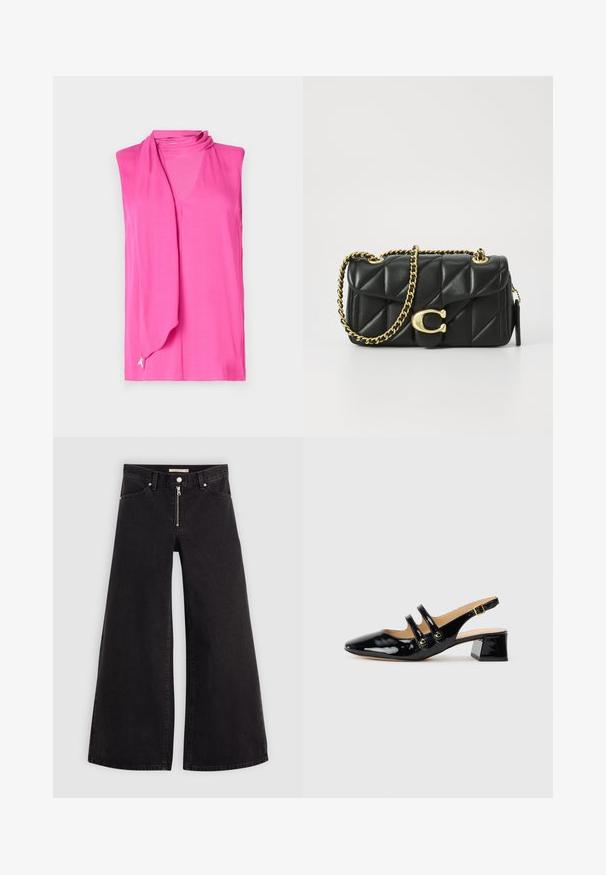 Top sans manches de couleur rose vif, avec un doux décolleté drapé et un subtil détail en ruban au niveau de l'ourlet. Fabriqué en tissu lisse et léger.; Jean large en denim noir avec une fermeture éclair à l'avant, un design à cinq poches et des détails de couture subtils. Texture lisse et style décontracté.; Chaussure slingback en cuir verni noir avec bout pointu, détail de deux brides, accents circulaires dorés et un petit talon carré.; Sac à main en cuir matelassé noir avec une bandoulière en chaîne dorée et un fermoir à bascule avec un accent circulaire. Forme rectangulaire compacte.