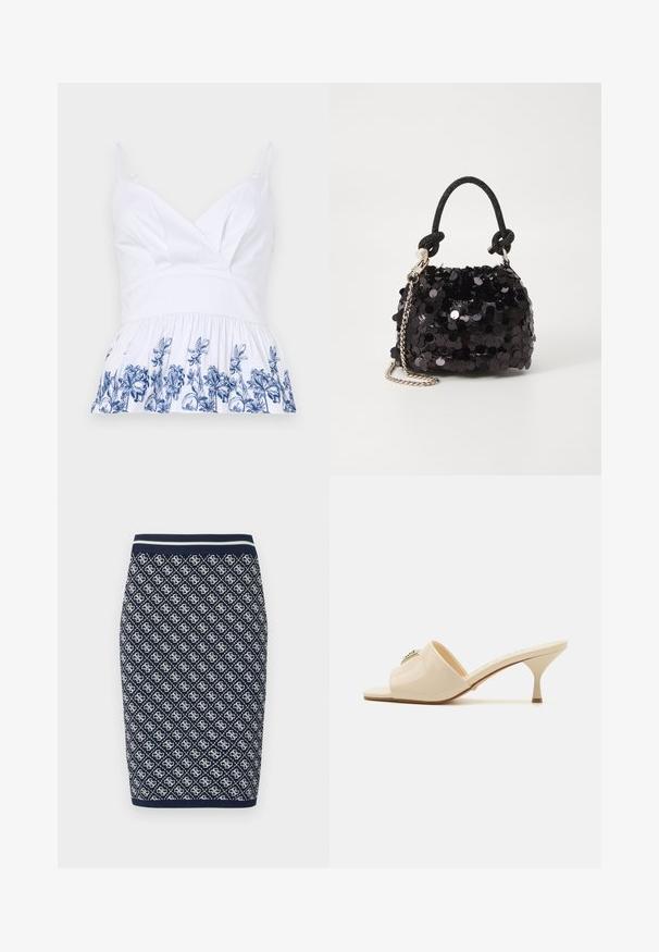 Witte katoenen top met een v-hals, verstelbare bandjes en een uitlopende zoom versierd met blauwe bloemenbroderie langs de onderkant.; Gebreide kokerrok in marineblauw en wit met een ruitvormig geometrisch patroon. Voorzien van een gestreepte elastische tailleband en een gladde textuur.; Beige patent leather open-toe mule sandaal met een lage stilettohak. Kenmerken een centrale decoratieve accent op de bovenkant. Glad, glanzend afwerking.; Zwarte pailletten mini handtas met een geknoopte textuurriem en zilveren ketting. Rondvormig met een geplooide bovenkant en reflecterende details.