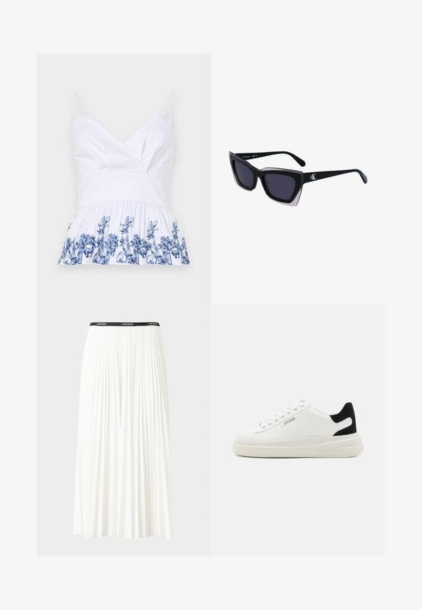 Bela bombažna majica z v-izrezom, nastavljivimi naramnicami in razširjenim robom, okrašena z modrim cvetličnim vezenjem ob dnu.; Gubasta bela krila z črnim elastičnim pasom, ki nosi logotip "LACOSTE". Srednje dolga zasnova z mehkobo tkanine.; Bele usnjene športne copate z debelim belim podplatom, črnimi semišnimi detajli na peti in utisnjenim logotipom na strani. Zavezovanje s šestimi luknjicami.; Črne prevelike sončne očala geometrijske oblike, z temnimi lečami in kontrastno sivo podrobnostjo na okvirju. Logo na ročaju.