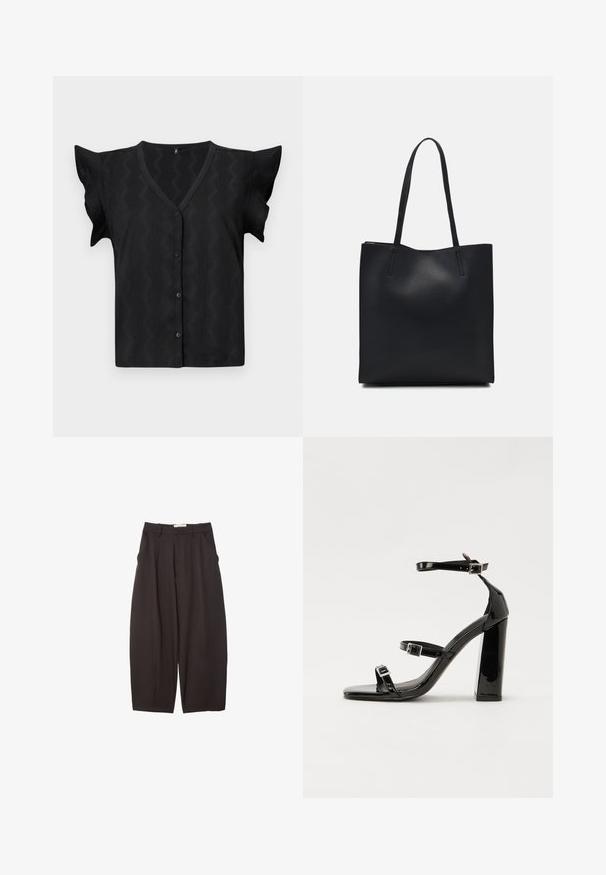 Sort kortærmet bluse med V-hals, der har et struktureret zigzag-mønster og knaplukning foran. Blød, letvægtsmateriale.; Sorte brede bukser lavet af et glat stof, med høj talje, forfaldne folder og sidelommer. Simpelt design uden udsmykninger.; Sorte patenterede hælsandaler med firkantet tå, ankelremme og sølvspænder. Har en chunky blokHæl for stabilitet.; Sort læder tote taske med glat tekstur, rektangulær form og to lange hanke. Ingen synlig hardware eller udsmykninger.