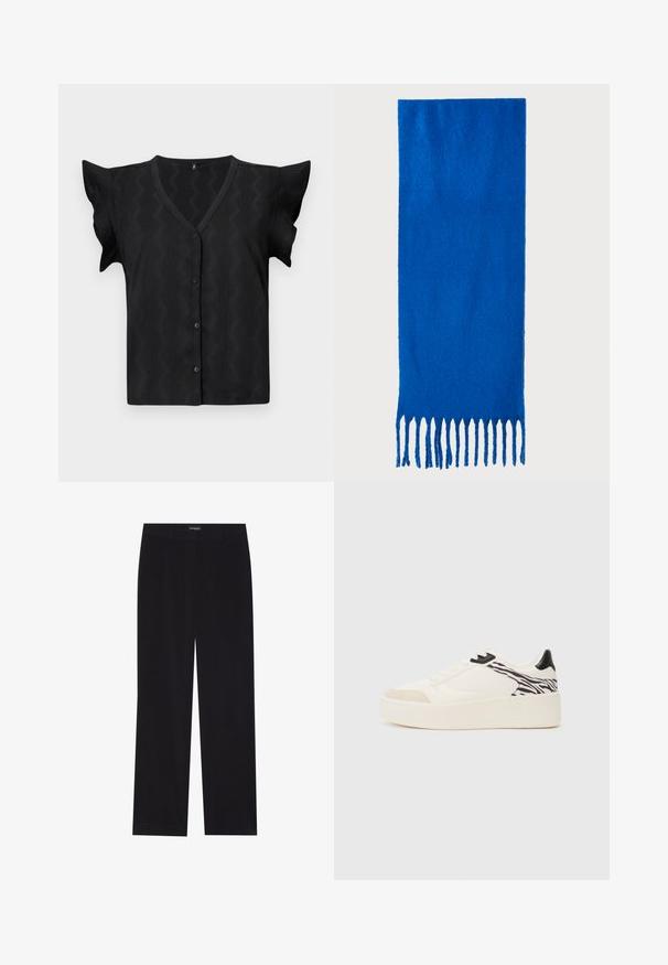 Bluză scurtă neagră cu mânecă scurtă și decolteu în V, având un model texturat în zigzag și nasture de închidere în față. Material moale, ușor.; Pantaloni din cord din culoare neagră, cu croială dreaptă, având un brâu plat și fără buzunare vizibile, textură netedă și detalii cu fante verticale.; Even&Odd Sneakers low - white/black; Fular albastru cu ciucuri realizat dintr-un material moale; are o culoare solidă cu o suprafață texturată și ciucuri tăiați uniform în partea de jos.; Geantă oversized din piele neagră, cu două mânere lungi, de textură netedă și formă structurată. Are un buzunar frontal pentru stocare suplimentară.