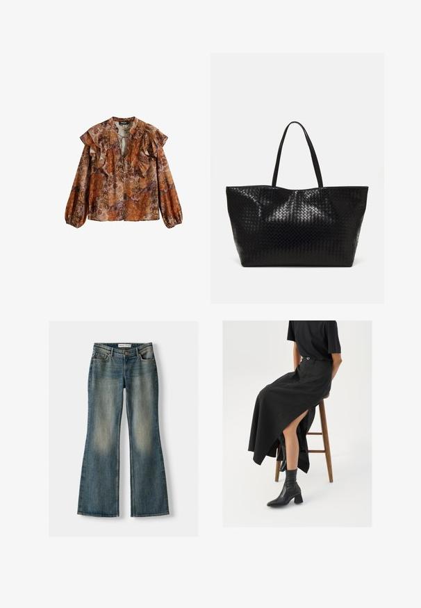 Langarmblouse in warme tonen van oranje, bruin en paars. Heeft een gerimpelde halslijn en mouwen, een bloemenpatroon en een zachte, lichtgewicht stof.; Blauwe uitlopende spijkerbroek met een vervaagde wassing, vijf zakken en een knoopsluiting. Het materiaal heeft een denim textuur met subtiele stikseldetails.; Zwarte linnen maxi rok met een hoge split, gedragen met een zwart T-shirt en zwarte enkellaarsjes. Minimalistisch ontwerp met een relaxte pasvorm.; Zwarte geweven schoudertas met twee stevige handvatten, met een glanzende textuur en een ruime open bovenkant.