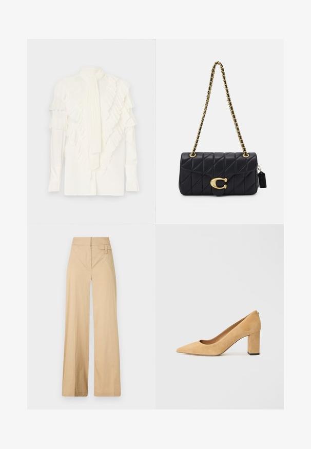 White blouse featuring layered ruffles on the front, long sleeves, and a pleated necktie. Smooth texture with a structured silhouette.; Beige wide-leg pants made of cotton blend fabric. Features a smooth texture, elastic waistband, and a side button detail.; Beige suede high-heeled pump with a pointed toe and a chunky block heel. The material has a soft texture with a smooth finish.; Black quilted handbag with a gold chain strap, featuring a distinctive gold clasp and a small tag, showcasing a textured leather surface.