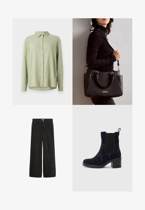Camicia di lino verde chiaro con chiusura a bottoni, colletto a punta e maniche lunghe. Presenta una vestibilità comoda e un orlo curvato.; Jeans in denim nero a gamba larga con vita alta. Presentano cinque tasche, accessori metallici e una finitura pulita. La texture è liscia e morbida.; Stivaletti alla caviglia in camoscio blu navy con pannello elastico laterale, punta tonda e tacco a blocco. Il tessuto testurizzato e la suola liscia aggiungono contrasto.; Borsa nera con superficie texturizzata, manici superiori doppi e tracolla regolabile. Dotata di hardware color oro e tasche laterali.
