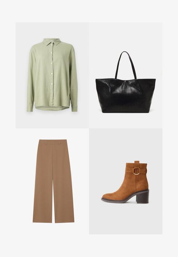 Jasnozielona lniana koszula z zapinanym przodem, spiczastym kołnierzykiem i długimi rękawami. Charakteryzuje się luźnym krojem i zaokrąglonym dołem.; Szerokie spodnie w jednolitym brązowym kolorze, wykonane z teksturowanej tkaniny; charakteryzują się wysokim stanem i strukturalnym krojem z pętlami na pasek.; Brązowy zamszowy botek za kostkę z zaokrąglonym noskiem, słupkiem i ozdobnym paskiem z okrągłą klamrą.; Czarna pleciona torba na ramię z dwoma mocnymi uchwytami, charakteryzująca się błyszczącą powierzchnią i przestronnym otwartym topem.