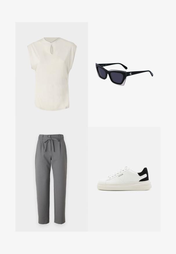 Valkoinen lyhythihainen paita, jossa on pyöreä pääntie ja pieni avainreikäyksityiskohta edessä. Sujuva materiaali, vapaa malli ja hieman kaareva helma.; Harmaat kapenevat housut, jotka on valmistettu sileästä kankaasta. Niissä on napillinen suljenta ja vyötä ympärille sitova vyö vyötäröllä. Taskuja ei ole näkyvissä.; Valkoiset nahkakengät paksulla valkoisella pohjalla, mustalla mokkanahkaosuudella kannassa ja kohokuvioitu logo sivulla. Nauhakeskitys kuudella reiällä.; Mustat ylisuuret aurinkolasit, joissa on geometrinen muoto, tummat linssit ja kehykseen erottuva harmaa yksityiskohta. Logo varressa.