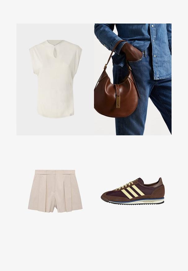 Witte top met korte mouwen, ronde halslijn en een kleine keyhole-detail aan de voorkant. Gladde structuur, relaxte pasvorm en licht gebogen zoom.; Beige geplooide shorts met een op maat gemaakte uitstraling, met een hoge taille en een gladde textuur. Vier voorplooien creëren volume. Geen zakken.; Bruine en bordeauxkleurige sneaker van suede en mesh materiaal, met drie crèmekleurige strepen, een gemêleerd stof op de tong en een rubberen zool.; Bruine leren hobo tas met een rondvorm, voorzien van een gouden hardwareaccent en contrasterende stiksels. Gecombineerd met een denim shirt en jeans.
