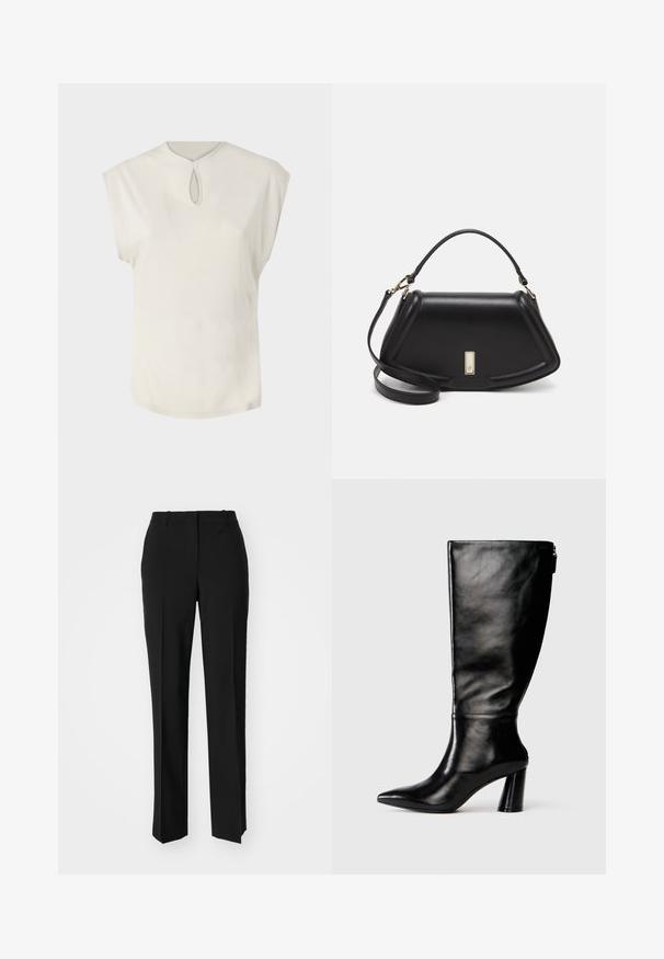White short-sleeve top with a round neckline and a small keyhole detail at the front. Smooth texture, relaxed fit, and slightly curved hem.; Black tailored trousers with a straight-leg design, featuring a smooth texture and crisp creases along the front. No visible hardware.; Knee-high black leather boot with a pointed toe, smooth texture, and a chunky heel. Features a zipper detail at the back.; Black leather handbag with a structured design, featuring a cropped shape, top handle, and gold hardware accent. Adjustable shoulder strap included.