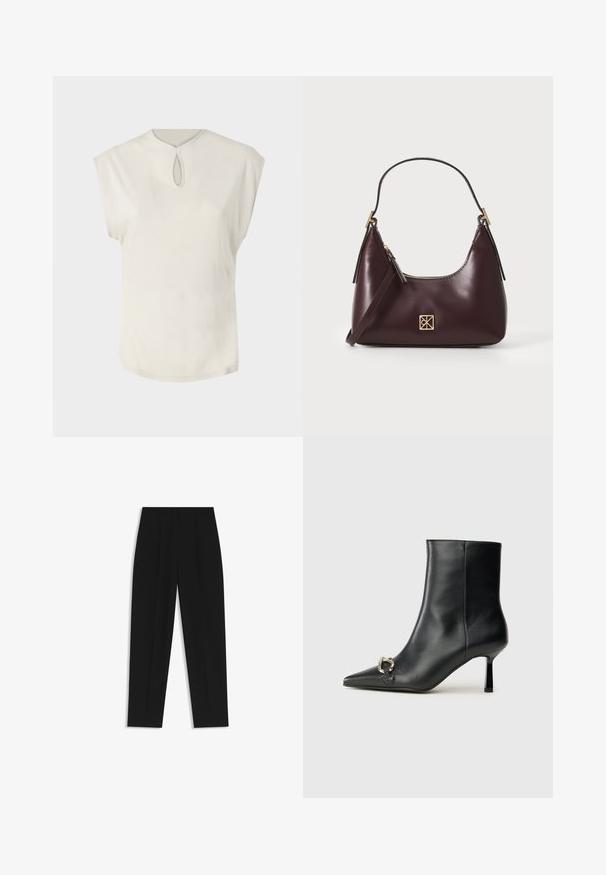 Weißes Kurzarmoberteil mit rundem Halsausschnitt und kleinem Schlüssellochdetail vorne. Glatte Textur, lockere Passform und leicht abgerundeter Saum.; Schwarze Hose mit geradem Schnitt, doppelten Falten, einer glatten Textur und einem klassischen Bunddesign. Keine sichtbaren Beschläge oder Akzente.; Schwarze Leder-Stiefelette mit spitzer Zehe, schlankem, mittelhohem Absatz und silberner Schnalle seitlich vor einem schlichten Hintergrund.; Burgunderfarbene Lederhandtasche mit geschwungener Form, goldenen Akzenten an den Beschlägen und einem Reißverschlussverschluss. Verfügt über einen abnehmbaren Schultergurt.