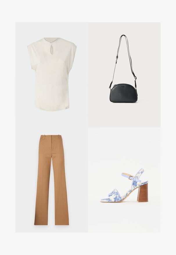 Valge lühikeste varrukatega topp ringkaelusega ja väikese avausega esiosas. Sujuv tekstuur, lõdva lõikega ja veidi kõverdatud serv.; HUGO HULANA - Chino-püksid - open brown; Sinine lillemustriga sandaal ruudukujulise varbaga, laia riba ja reguleeritava pahkluu rihmaga, millel on tekstuuriga puidust plokk-kann.; Must musta ristkõhu kott ümmarguse kujuga, kahe reguleeritava rihmaga ja diskreetse logoga ees. Tekstureeritud välimus, minimalistlik disain.