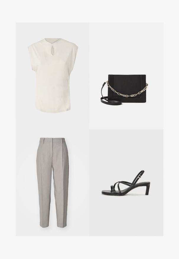 Bijela majica kratkih rukava s okruglim izrezom i malim prorezom sprijeda. Glatka tekstura, opušteni kroj i malo zakrivljeni rub.; Svijetlosive krojene hlače s glatkom teksturom, naboranim prednjim dijelom i ravnim krojem. Imaju petlje za remen i visok sjaj.; Crne sandale s trakama, kvadratnim prstom i niskom blok petom. Ima više tankih trakica i podesivu trakicu oko gležnja. Izrađene su od glatke kože.; Crna kožna torba preko tijela s glatkom teksturom, pravokutnim oblikom i metalnim lancem na prednjoj strani. Uključena je podesiva naramenica.