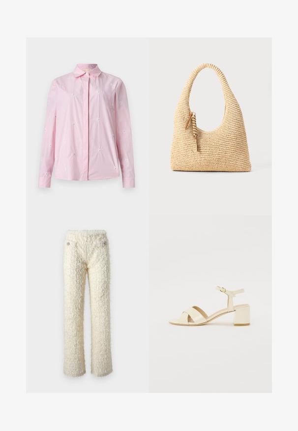 Rózsaszín, csíkos ing hímzett margarétákkal. Gombos elülső rész, hosszú ujjú és klasszikus gallér. Puha szövet textúra.; Puhább, krémfehér nadrág, kellemes tapintással, egyenes lábakkal és díszes ezüstgombokkal a zsebek elülső részén.; Beige lakkbőr magassarkú szandál, kereszttartós kialakítással, nyitott orral, állítható bokapánttal és tömbsarokkal. Sima textúrával.; Szőtt bézs kézitáska ívelt fogantyúval, textúrált felülettel és barna bojtos díszítéssel. Lazán lecsüngő, hobo stílusú forma jellemzi.