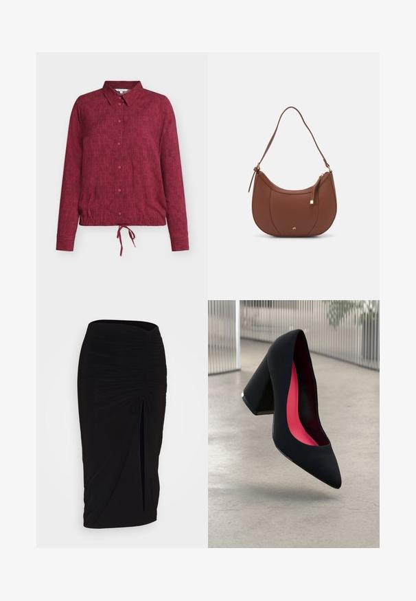 Burgundy button-up shirt with a collar, featuring vertical striped texture, long sleeves, and a tie detail at the bottom hem.; Black, ruched pencil skirt with tie detail and a side slit. Made from a stretchy fabric, featuring a smooth texture and form-fitting design.; Black high heel shoe with a pointed toe, textured surface, and a vibrant pink interior. Features a chunky heel with silver accent.; Brown faux leather shoulder bag with curved shape, minimal stitching, and a gold-tone hardware accent. Features a top zipper closure and adjustable strap.