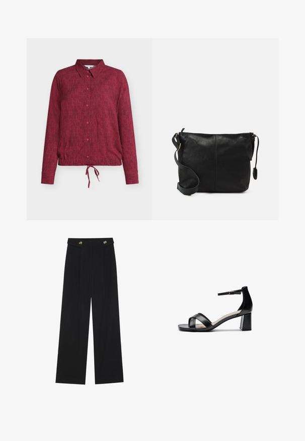 Bordoš crvena košulja s kopčanjem na gumbe i ovratnikom, s uzorkom okomitih pruga, dugim rukavima i detaljem vezice na donjem rubu.; Crne hlače širokih nogavica s visokim strukom, s dugmadi na pojasu i prednjim nabora.; Crne sandale s otvorenim prstima i potpeticama, s ukriženim trakama, podesivom narukvicom oko gležnja i masivnom potpeticom, izrađene od glatke kože.; Crna kožna torbica preko tijela s ravnim oblikom, zlatnim detaljima i podešivim remenom. Glatka tekstura s minimalnim detaljima šivanja.