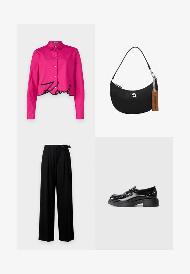 KARL LAGERFELD Gombos blúz - very berry; Fekete, bő szárú nadrág magas derékkal, elöl pliszírozva, és csattal ellátott övvel. Simább, könnyű anyagból készült.; Fekete lakk bőr lakkcipők díszes ezüst szegecsekkel, kerek orral, alacsony blokk sarkal és sima fényes textúrával.; Fekete bőrtáska, melynek felülete szemcsés, ívelt formájú, felül zippzárral záródik, ezüst színű fémrészletekkel és barna cimkével rendelkezik. Jellemzője a logós díszítés.