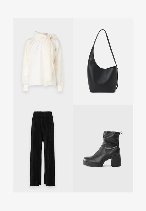 JDY NADIA - Blúz - cloud dancer; Fekete pliszírozott nadrág gumis derekkal. Széles lábakkal rendelkezik, sima, texturált anyagból készült, függőleges csíkokkal.; Fekete bokacsizmák sima bőrből, oldalsó cipzárral, vastag, texturált sarkú és lekerekített orrú dizájnnal.; Fekete bőr hobo táska sima textúrával, ívelt formával és egyetlen állítható pánttal; széles nyílás található a tetején.