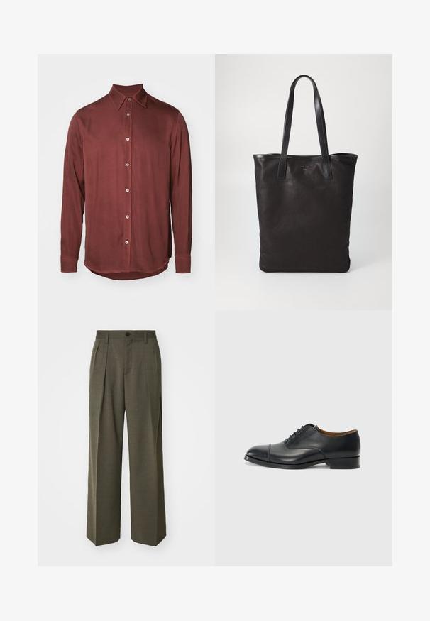 Koszula z długim rękawem w głębokim burgundzie, wykonana z gładkiego materiału, z kołnierzykiem w kształcie spiczastym i metalowymi guzikami wzdłuż przedniego zapięcia.; Filippa K - Spodnie materiałowe; Czarne skórzane buty wizytowe o gładkim wykończeniu, zaokrąglonym nosku, pięcioma oczkami na sznurówki oraz niskim, blokowym obcasie. Minimalistyczny design z subtelnymi przeszyciami.; Czarna torba na ramię z czarnymi skórzanymi uchwytami. Prosty design, pojemne wnętrze i gładka faktura. Bez widocznych logo ani wzorów.