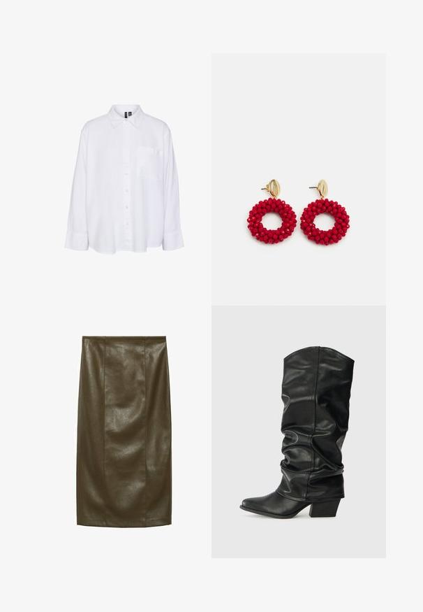 Chemise blanche à manches longues avec un col, fermeture à boutons sur le devant, poche poitrine simple, coupe décontractée et texture de tissu douce.; Jupe crayon en similicuir vert olive avec une texture lisse, longueur genoux, dotée de coutures verticales pour un look ajusté.; Bottes noires en cuir, montantes jusqu'au genou, avec un design plissé, un bout pointu et un talon épais, présentant une texture lisse et des coutures minimales.; Boucles d'oreilles en forme de créoles avec des perles rouges, dotées d'une surface texturée et d'un fermoir en métal doré. Forme circulaire avec un centre ouvert et des détails en perles arrondies.