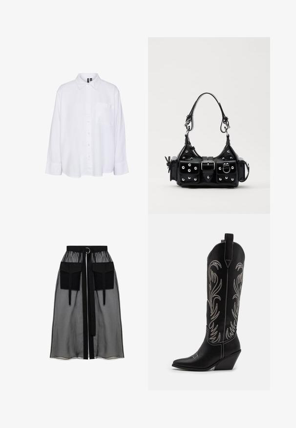 Witte long-sleeve shirt met een kraag, knoopsluiting aan de voorkant, enkele borstzak, relaxte pasvorm en zachte stoftextuur.; Zwarte doorschijnende rok met een verzameld tailleband, voorzien van twee grote voorzakken, een tailleband met strik en een ronde metalen accent.; Zwarte leren cowboylaarzen met spitse neuzen, wiggenhakken en zilver geborduurde bloemmotieven langs de schacht. Contrasterende stiksels overal.; Zwarte lederen handtas met een gebogen ontwerp, voorzien van zilveren studs, een gesp en twee zijvakken. Verstelbare schouderband voor verschillende draagmogelijkheden.
