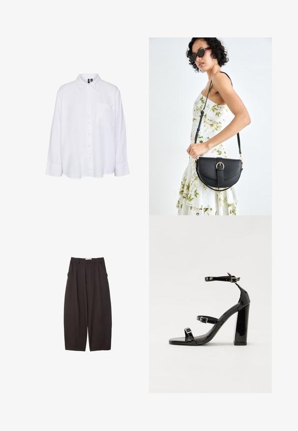 White long-sleeve shirt with a collar, button-down front, single chest pocket, relaxed fit, and soft fabric texture.; Black wide-leg trousers made from a smooth fabric, featuring a high waist, front pleats, and side pockets. Simple design without embellishments.; Black patent high-heeled sandals with two buckle straps, square toe, and a chunky block heel, featuring a smooth, glossy texture.; Black leather handbag with a curved shape, detachable strap, and gold hardware. The bag features a flap with a buckle detail.