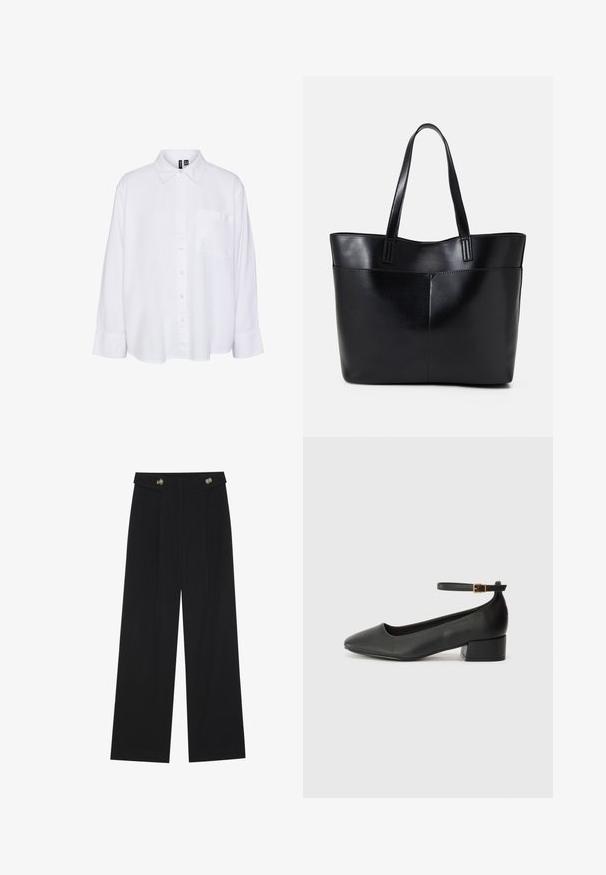 Valge pikakäine särk krae, nööpidega ees, ühe rinna-taskuga, lõdva lõikega ja pehme kangastekstruuriga.; Mustad laiad püksid kõrge vöökoha ja nööpdetailidega vööandil, esikortsudega.; Must mustaapp, millel on terav nina ja madal blokk-kand. Omab pahkluu rihma koos kuldse tooni pandlaga. Sile tekstuur.; Must mustaga musta nahast, millel on kaks pikka kanda, sile tekstuur ja struktureeritud kuju. Esipoolsel on lisakoti jaoks tasku.