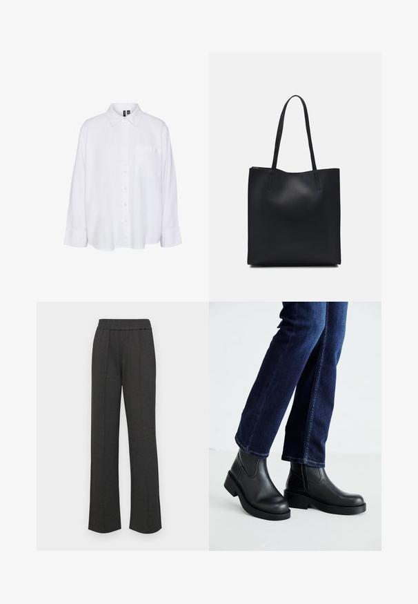 Camisa blanca de manga larga con cuello, cierre frontal de botones, bolsillo en el pecho, corte relajado y textura de tela suave.; Pantalones negros de pierna recta con una cinturilla elástica, pliegues en la parte delantera, tela suave y sin patrones o detalles de hardware visibles.; Botas de tobillo de cuero negro con suela gruesa y paneles elásticos laterales, combinadas con jeans azul oscuro. El suelo es de color claro.; Bolso tote de cuero negro con textura lisa, forma rectangular y dos asas largas. Sin herrajes ni adornos visibles.